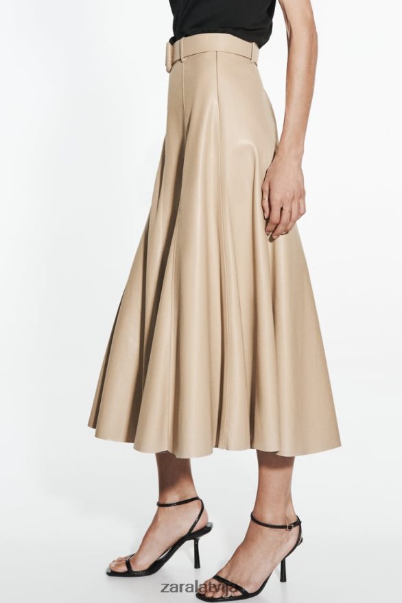 mākslīgās ādas midi svārki sievietes Zara smiltis 6ZTV40638 apģērbs