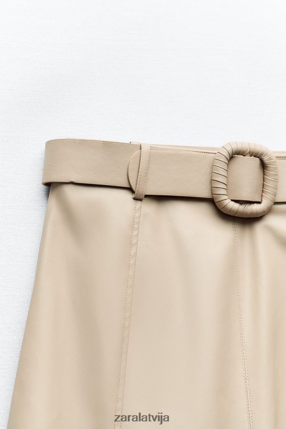 mākslīgās ādas midi svārki sievietes Zara smiltis 6ZTV40638 apģērbs