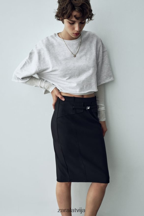 midi svārki ar jostu sievietes Zara melns 6ZTV40685 apģērbs