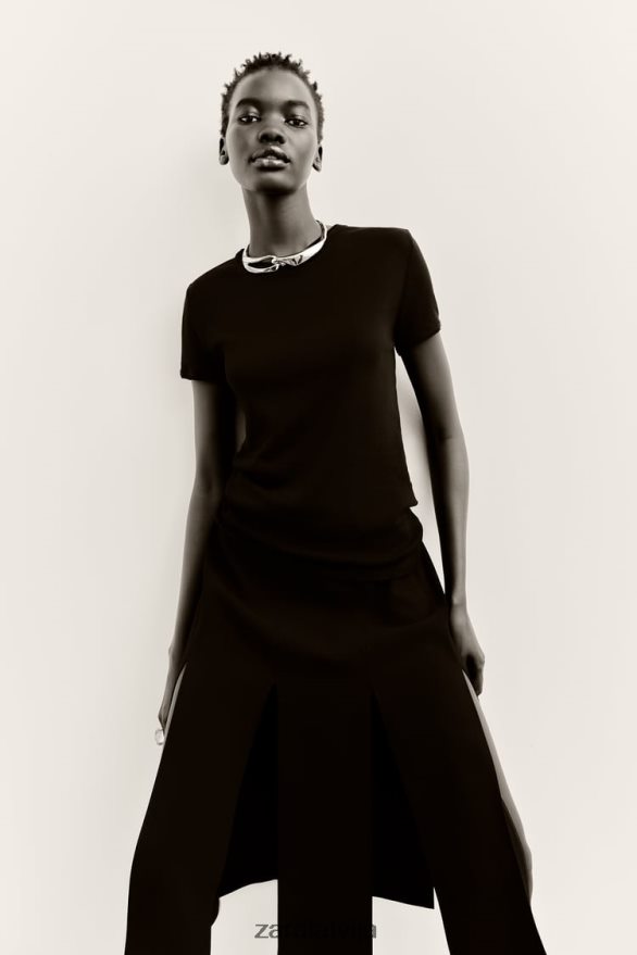 midi svārki ar strēmelītēm sievietes Zara melns 6ZTV40690 apģērbs