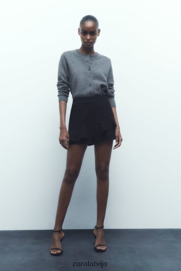 saburzīts skorts sievietes Zara melns 6ZTV40589 apģērbs