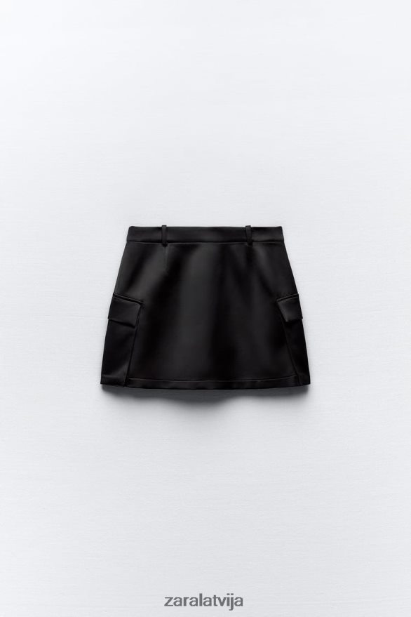 satīna efekta cargo mini svārki sievietes Zara melns 6ZTV40633 apģērbs
