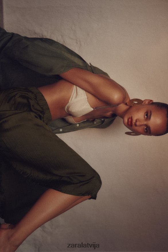 satīna efekta garie svārki sievietes Zara haki 6ZTV40674 apģērbs