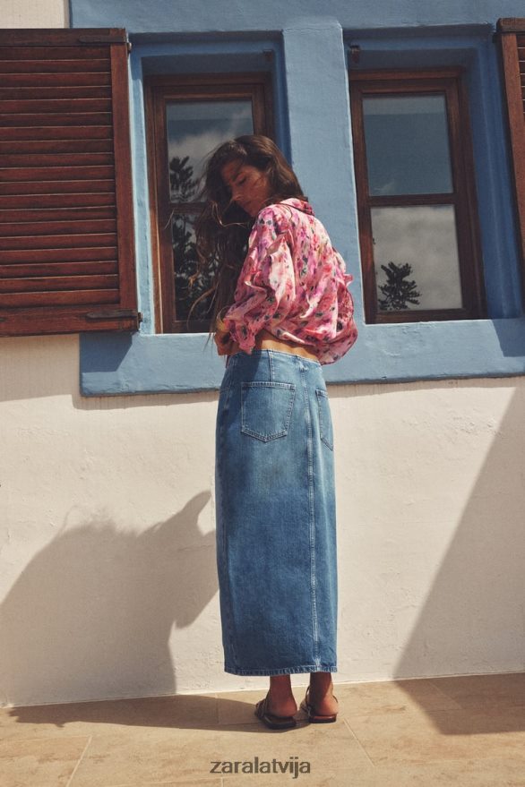 z1975 džinsa midi svārki ar rāvējslēdzēju sievietes Zara vidus zils 6ZTV40670 apģērbs