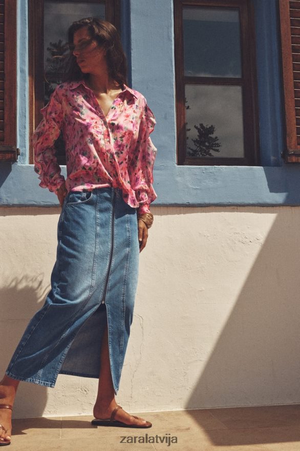 z1975 džinsa midi svārki ar rāvējslēdzēju sievietes Zara vidus zils 6ZTV40670 apģērbs