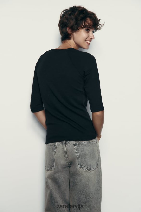 smagsvara kokvilnas t-krekls sievietes Zara melns 6ZTV40943 apģērbs