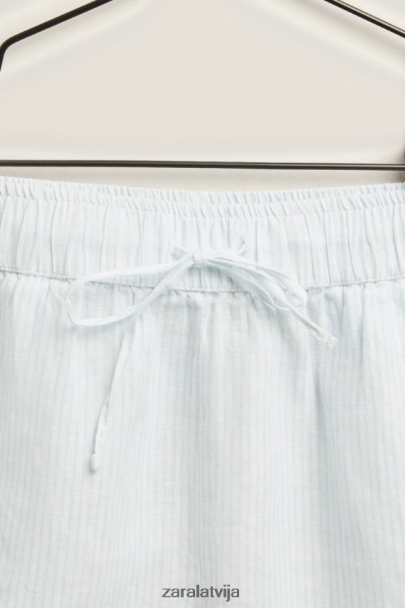 svītraini lina šorti sievietes Zara gaiši zils 6ZTV401807 apģērbs