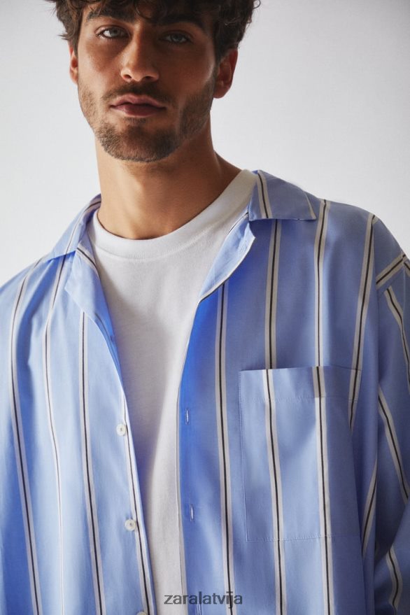 svītrains kokvilnas krekls sievietes Zara zils 6ZTV401793 apģērbs