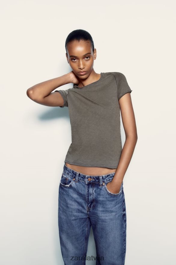 šuvju kokvilnas t-krekls sievietes Zara tumšs antracīts 6ZTV40942 apģērbs