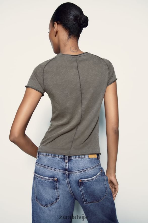 šuvju kokvilnas t-krekls sievietes Zara tumšs antracīts 6ZTV40942 apģērbs