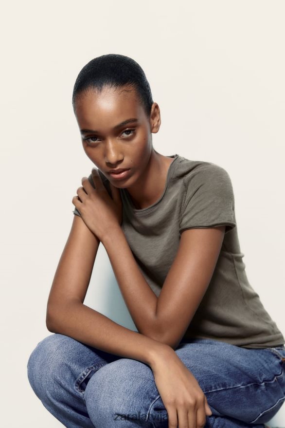 šuvju kokvilnas t-krekls sievietes Zara tumšs antracīts 6ZTV40942 apģērbs