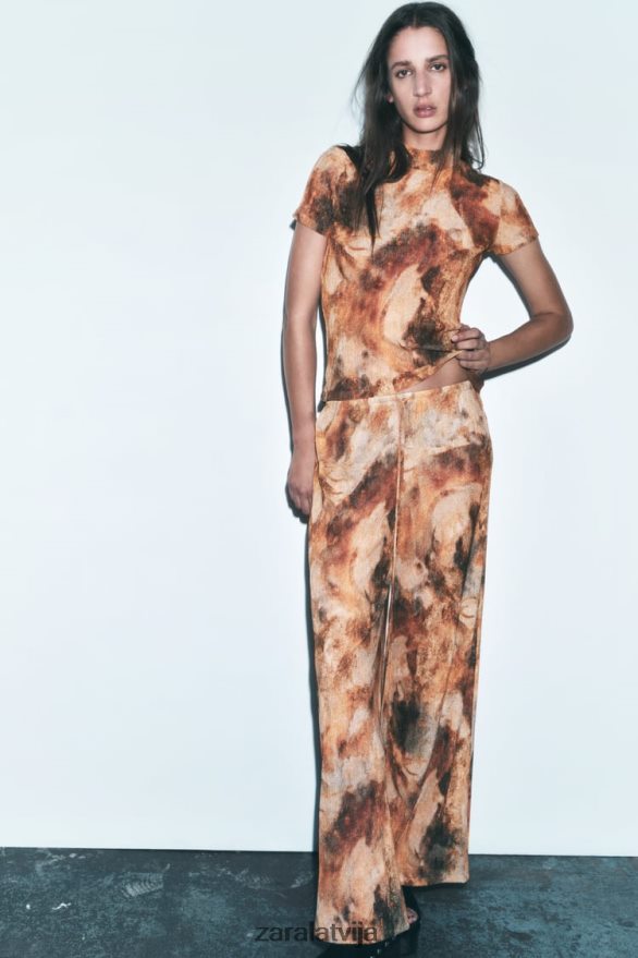 apdrukātas bikses ar ielocēm sievietes Zara haki 6ZTV40924 apģērbs