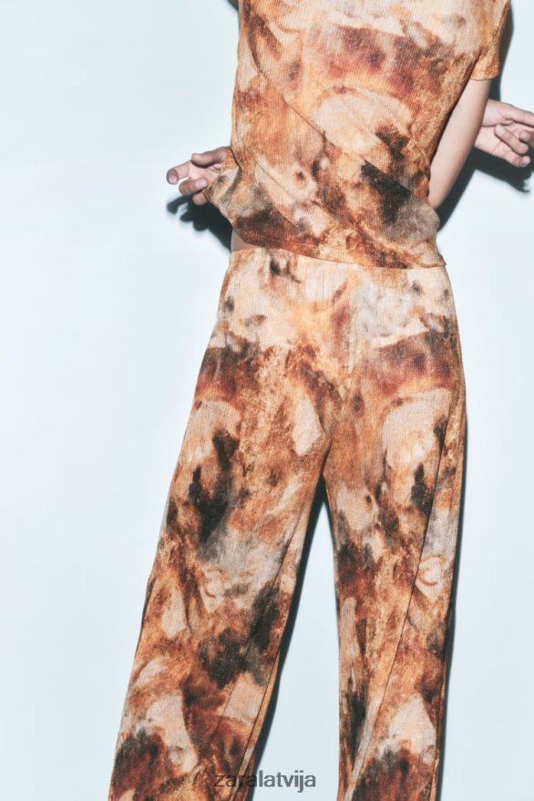 apdrukātas bikses ar ielocēm sievietes Zara haki 6ZTV40924 apģērbs