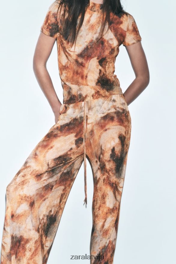 apdrukātas bikses ar ielocēm sievietes Zara haki 6ZTV40924 apģērbs