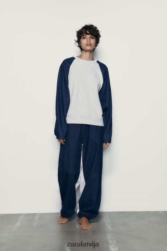 kontrastējošas džinsa skriešanas bikses sievietes Zara pelēks/zils 6ZTV40918 apģērbs