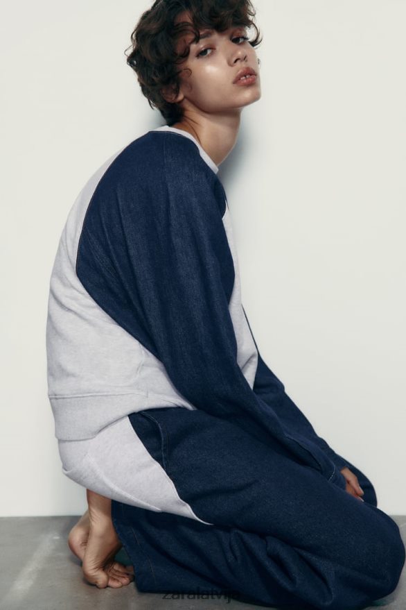 kontrastējošas džinsa skriešanas bikses sievietes Zara pelēks/zils 6ZTV40918 apģērbs