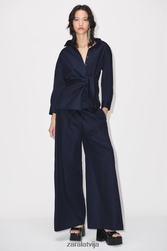 platas poplīna bikses sievietes Zara jūras zils 6ZTV40931 apģērbs