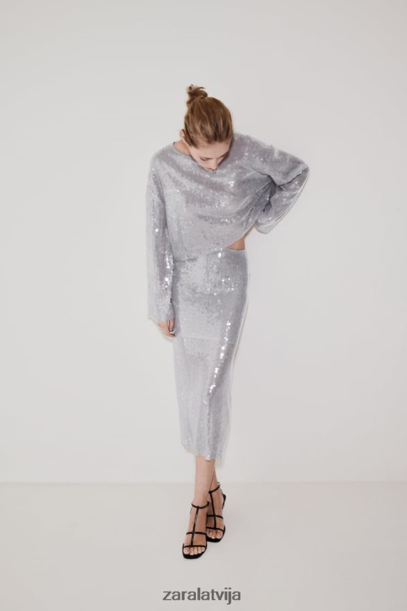 sequin t-krekls sievietes Zara pelēks 6ZTV40930 apģērbs