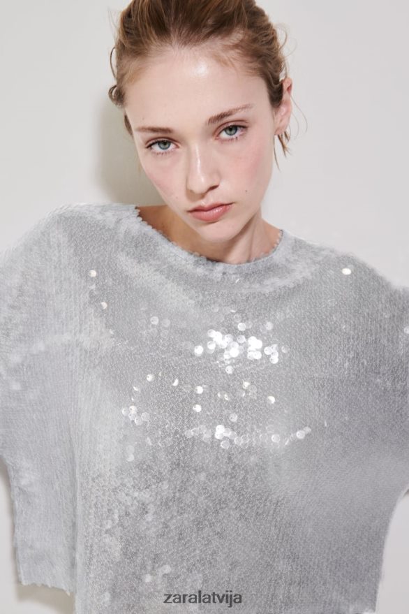 sequin t-krekls sievietes Zara pelēks 6ZTV40930 apģērbs