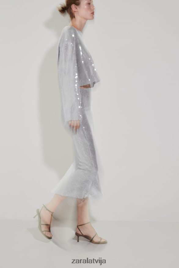 sequin t-krekls sievietes Zara pelēks 6ZTV40930 apģērbs
