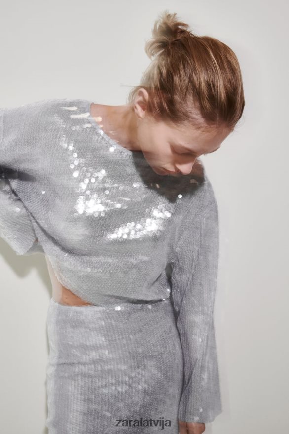 sequin t-krekls sievietes Zara pelēks 6ZTV40930 apģērbs