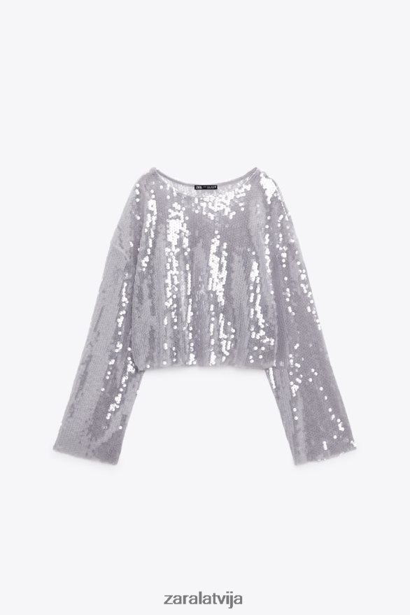 sequin t-krekls sievietes Zara pelēks 6ZTV40930 apģērbs