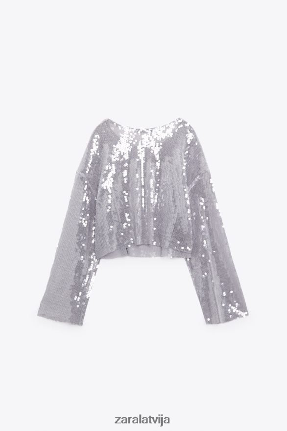 sequin t-krekls sievietes Zara pelēks 6ZTV40930 apģērbs