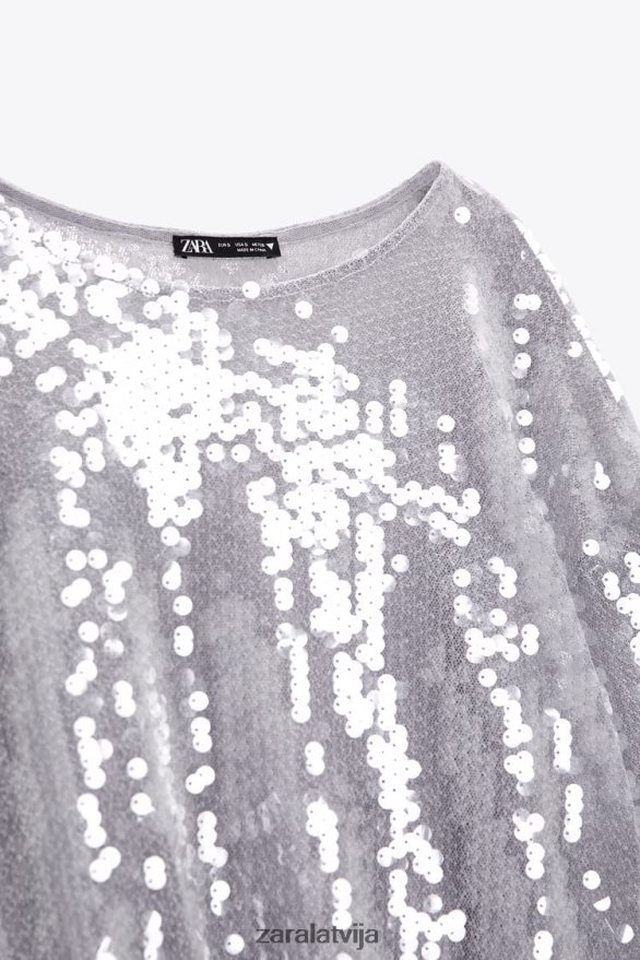 sequin t-krekls sievietes Zara pelēks 6ZTV40930 apģērbs
