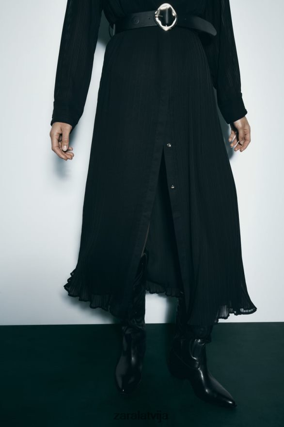 Midi kleita ar kroku ar jostu sievietes Zara melns 6ZTV40232 apģērbs