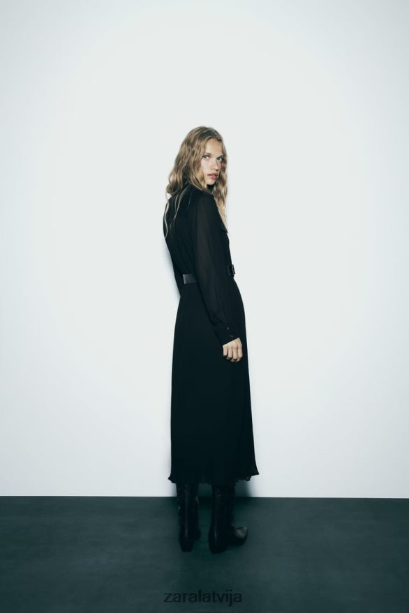 Midi kleita ar kroku ar jostu sievietes Zara melns 6ZTV40232 apģērbs