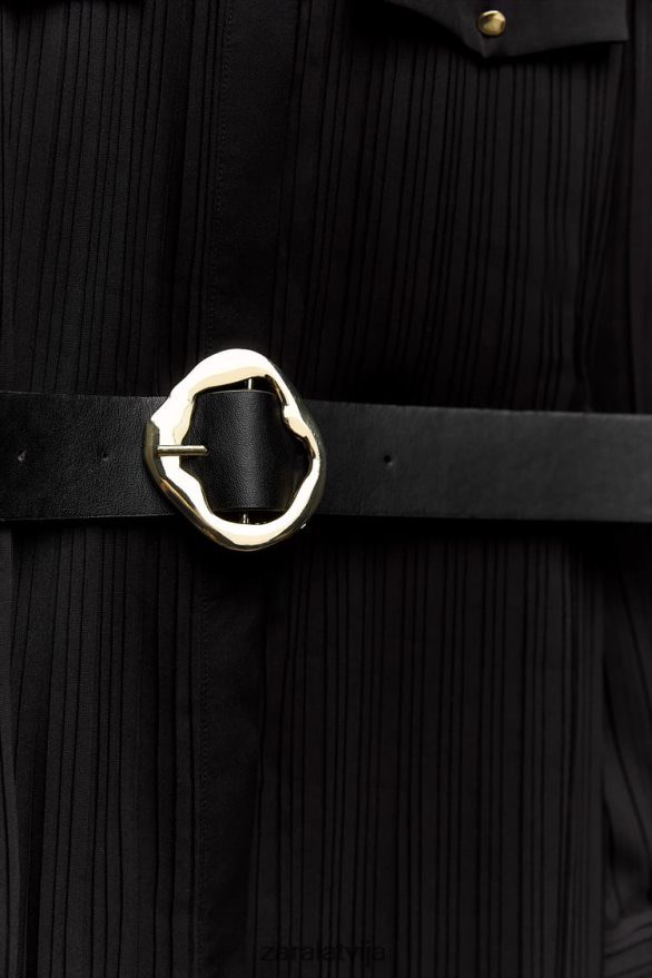 Midi kleita ar kroku ar jostu sievietes Zara melns 6ZTV40232 apģērbs