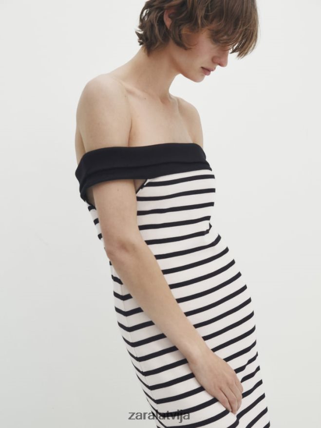 svītraina midi kleita ar kontrastu laivas kaklu sievietes Zara austeru balts 6ZTV40866 apģērbs