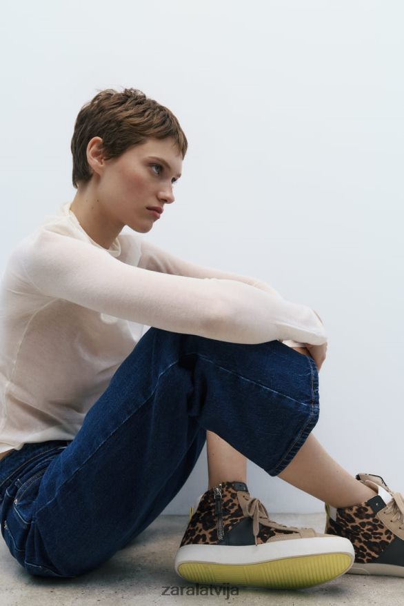 Dzīvnieku apdrukas ādas kedas ar augstu augšdaļu sievietes Zara leopards 6ZTV40733 apavi