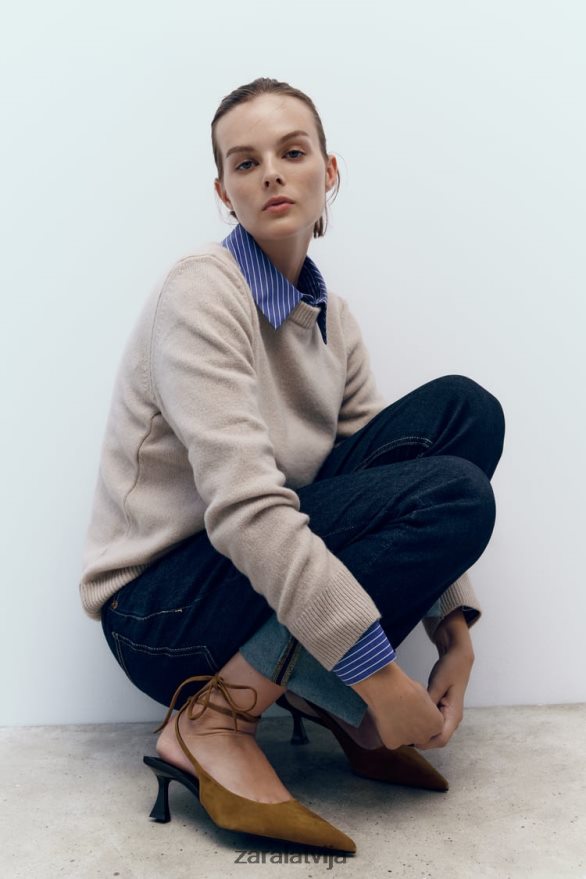 šņorējami slingback ādas papēži sievietes Zara brūns 6ZTV40736 apavi