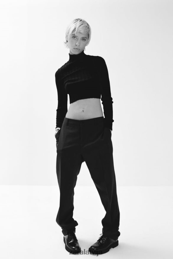 crop rievotu trikotāžas džemperis sievietes Zara melns 6ZTV40480 apģērbs