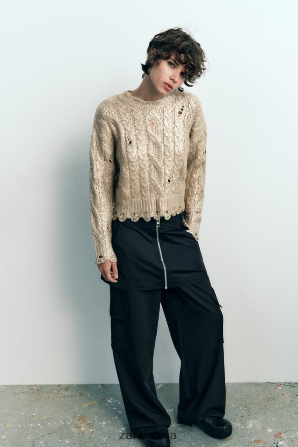 kabeļa adīts metālisks džemperis sievietes Zara gaiša ūdele 6ZTV40941 apģērbs
