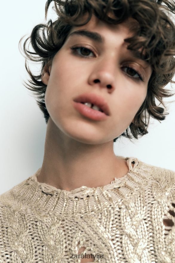 kabeļa adīts metālisks džemperis sievietes Zara gaiša ūdele 6ZTV40941 apģērbs