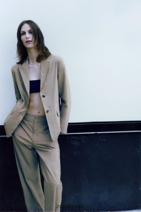 ikdienas bikses ar taisnām kājām sievietes Zara gaišs haki 6ZTV40916 apģērbs