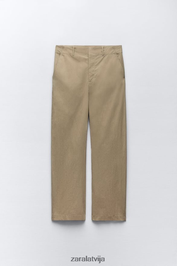 ikdienas bikses ar taisnām kājām sievietes Zara gaišs haki 6ZTV40916 apģērbs
