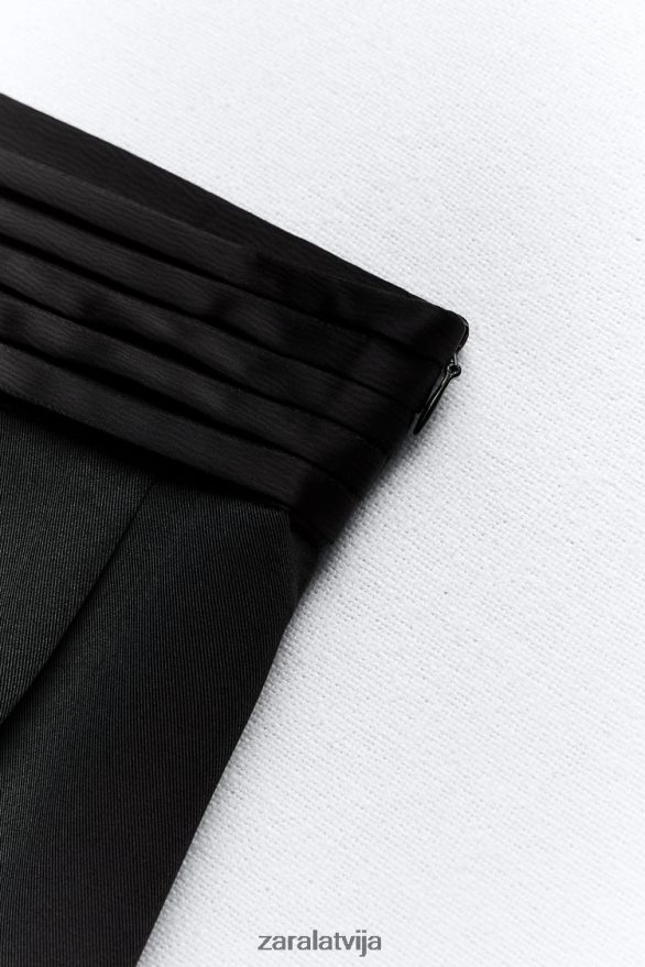 satīna efekta jostasvietas platas bikses sievietes Zara melns 6ZTV40895 apģērbs