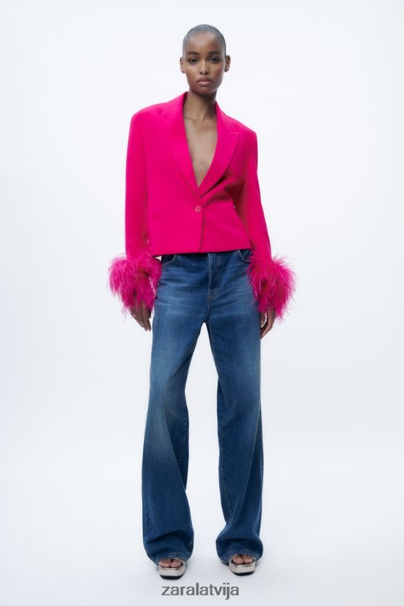 īss spalvu žakete sievietes Zara neona fuksija 6ZTV40166 apģērbs
