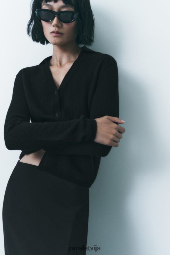 100% vilnas adīts polo džemperis sievietes Zara melns 6ZTV40268 apģērbs