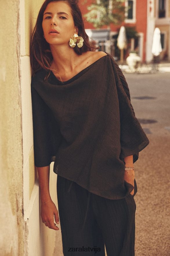 asimetrisks lina maisījuma tops sievietes Zara tumši brūns 6ZTV40280 apģērbs