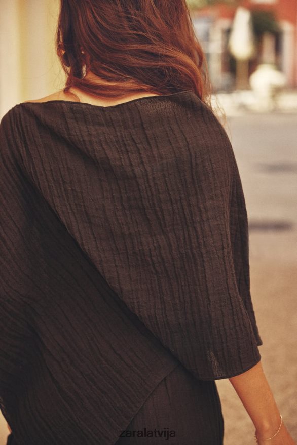 asimetrisks lina maisījuma tops sievietes Zara tumši brūns 6ZTV40280 apģērbs
