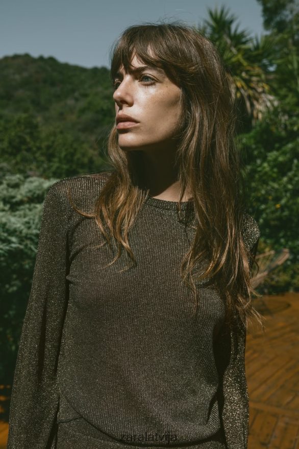 crop top ar metāla pavedienu sievietes Zara zelts 6ZTV40247 apģērbs