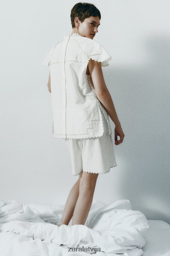 kontrasta izšūts tops sievietes Zara balts 6ZTV40828 apģērbs