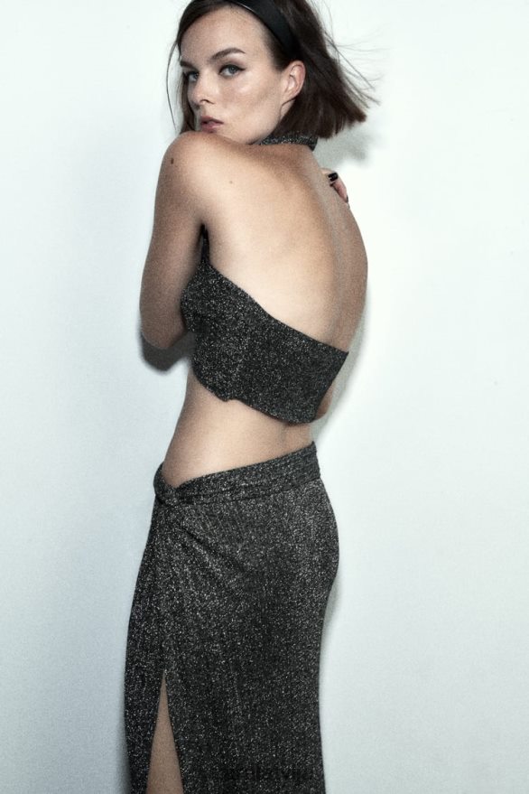 metāla pavedienu wrap trikotāžas tops sievietes Zara melns 6ZTV40262 apģērbs