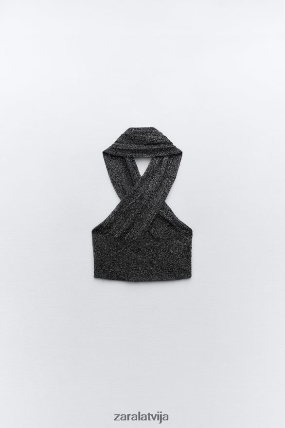 metāla pavedienu wrap trikotāžas tops sievietes Zara melns 6ZTV40262 apģērbs