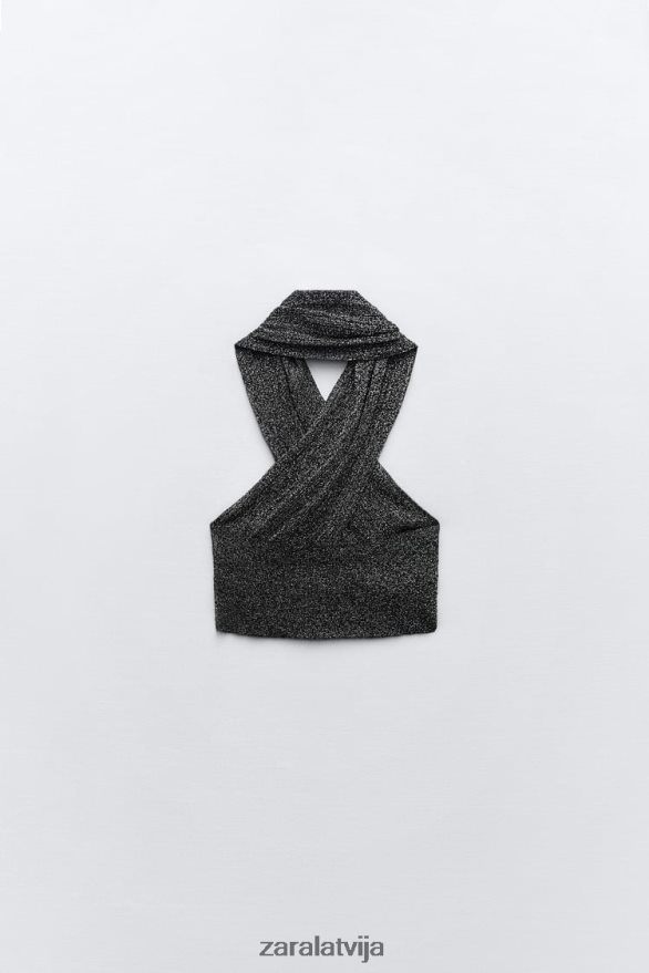 metāla pavedienu wrap trikotāžas tops sievietes Zara melns 6ZTV40262 apģērbs