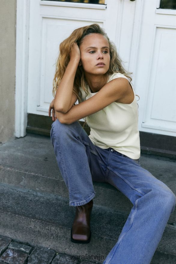 pieguļošs rievotais tops sievietes Zara ekru 6ZTV40251 apģērbs